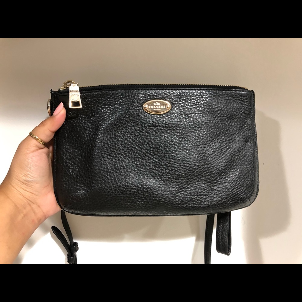 Coach pebbled leather double zip crossbody bag